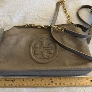 Tory Burch Taupe Pebbled Leather Crossbody with Gold Chain